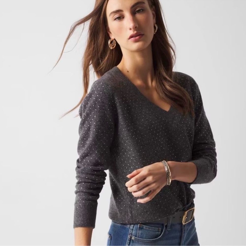 NWT WHBM gray V-Neck Sweater Studded Design